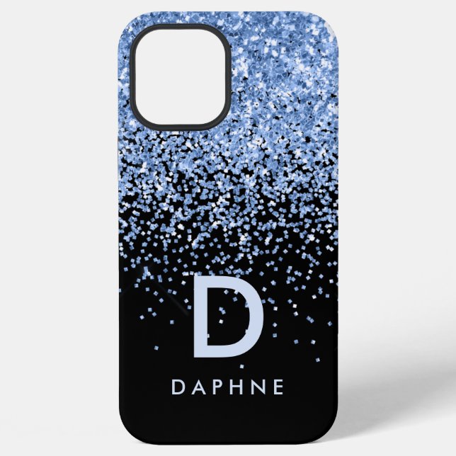 Modern black and blue glitter initial monogram iphone case (Back)