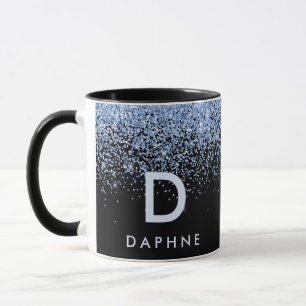 Modern black and blue glitter initial monogram mug