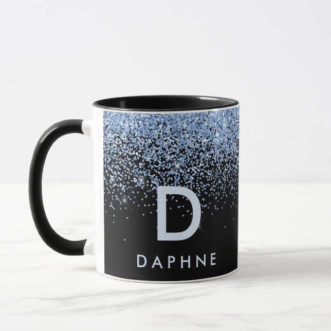 Modern black and blue glitter initial monogram mug (Left)