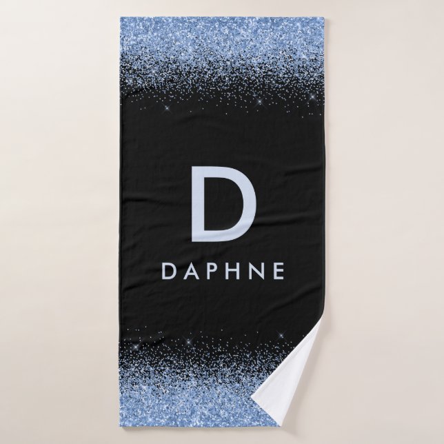 Modern black and blue glitter initial monogram mug bath towel set (Bath Towel)