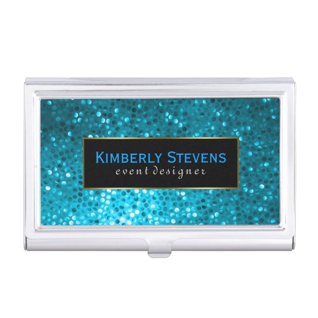 Modern Black And Blue Glitter & Sparkles Business Card Case (Front)