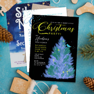 Modern Black And Blue Merry Christmas Tree Party Invitation