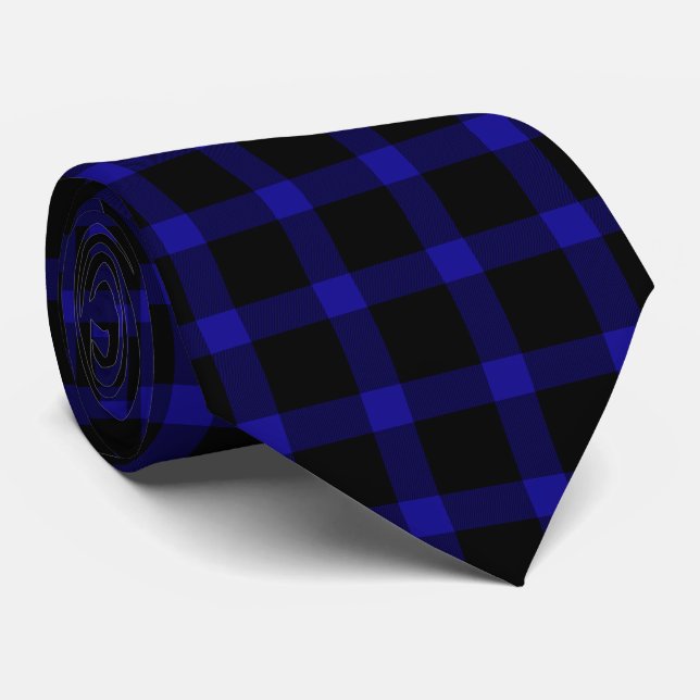 Modern Black and Blue Plaid Pattern Neck Tie (Rolled)