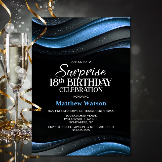 Modern Black and Blue Surprise 18th Birthday Party Invitation (Creator Uploaded)