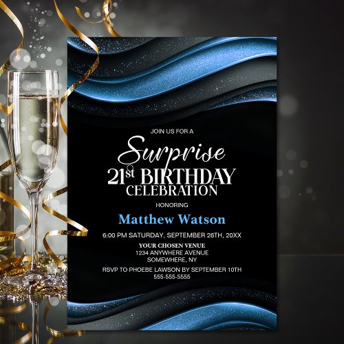 Modern Black and Blue Surprise 21st Birthday Party