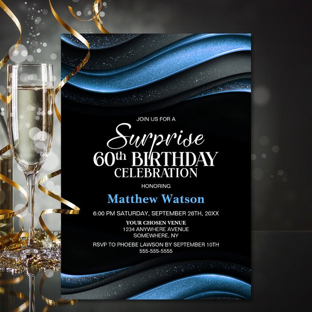Modern Black and Blue Surprise 60th Birthday Party Invitation (Creator Uploaded)