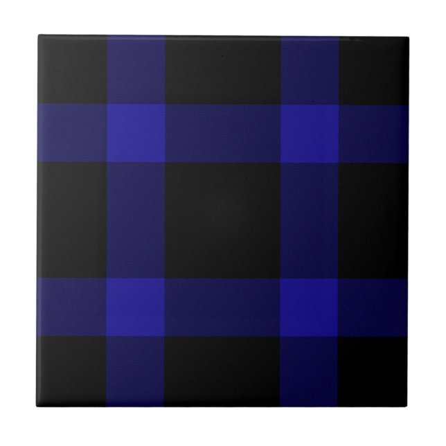 Modern Black and Blue Tartan Plaid Pattern Ceramic Tile (Front)