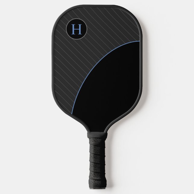 Modern Black and Blue with Striped Monogram  Pickleball Paddle (Front)