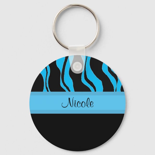 Modern Black and Blue Zebra Personalized Keychain (Front)