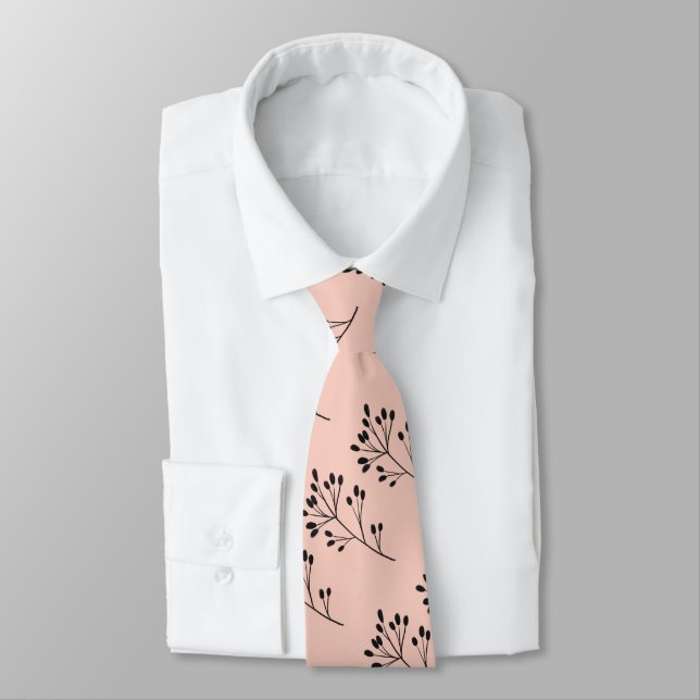 Modern Black and Blush Leaf Pattern Wedding Neck Tie (Tied)