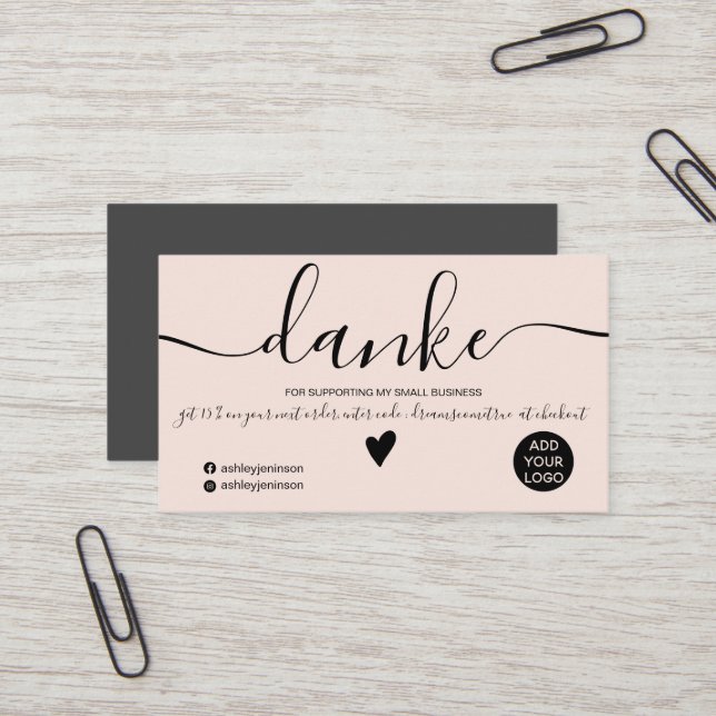 Modern black and blush order German thank you Business Card (Front/Back In Situ)