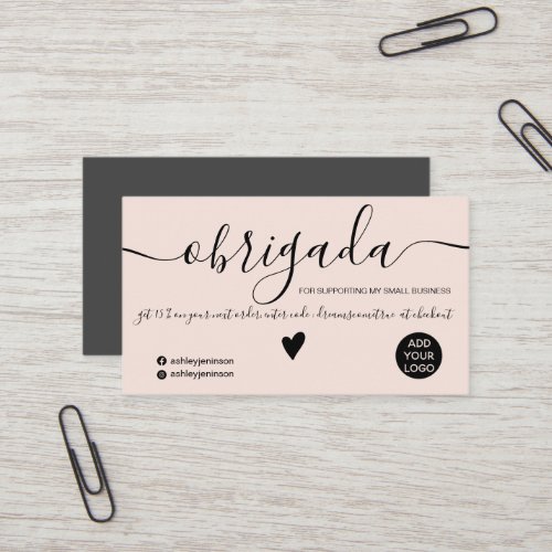 Modern black and blush order Portuguese thank you Business Card