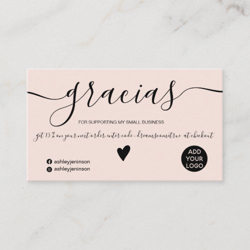 Modern black and blush order Spanish thank you Business Card
