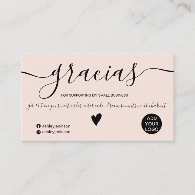 Modern black and blush order Spanish thank you Business Card (Front)