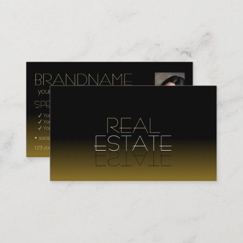 Modern Black and Brown Chic Mirror Font with Photo Business Card