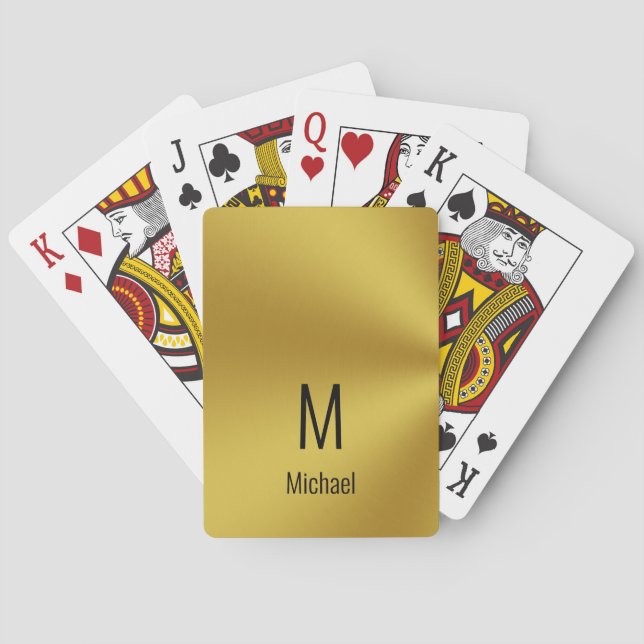 Modern Black and Brushed Gold Look Name & Monogram Poker Cards (Back)