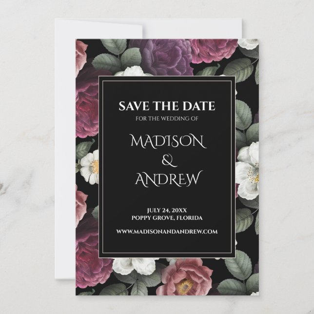 Modern Black and Burgundy Peonies Save the Date (Front)