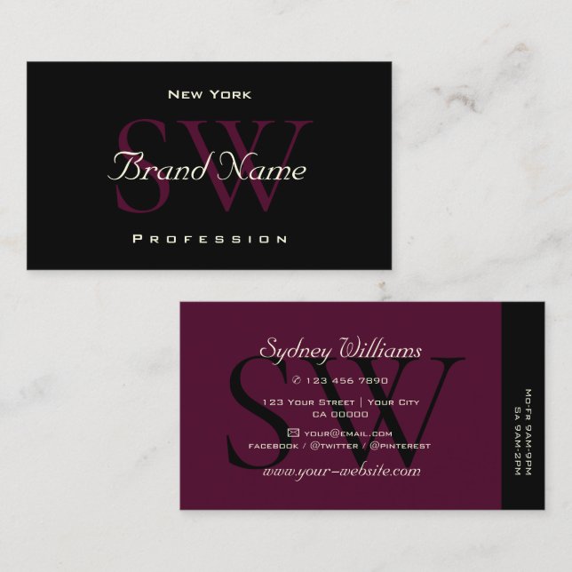 Modern Black and Burgundy with Striking Monogram Business Card (Front/Back)