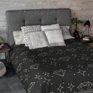 Modern Black and Cream Diamond and Star Pattern Duvet Cover