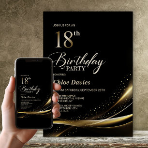 Modern Black and Gold 18th Birthday Party Invitation