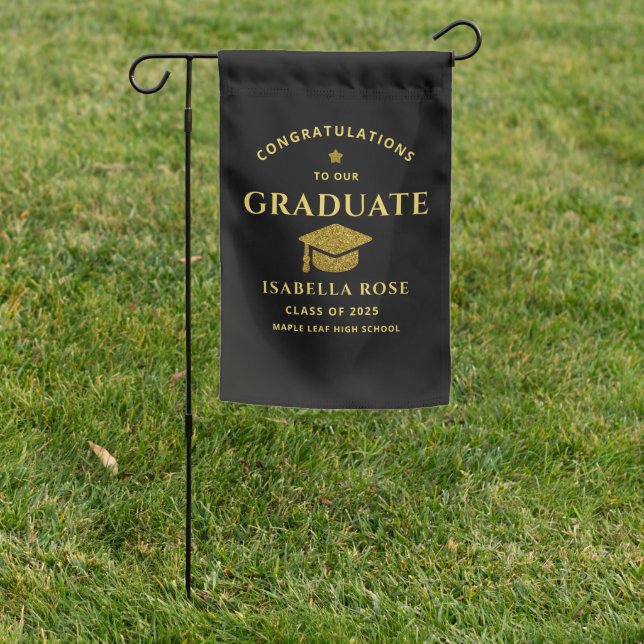 Modern Black and Gold 2025 Graduation Party Yard Garden Flag (In SItu)