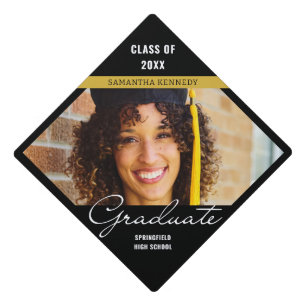 Modern Black and Gold 2025 Graduation Photo  Cap Topper