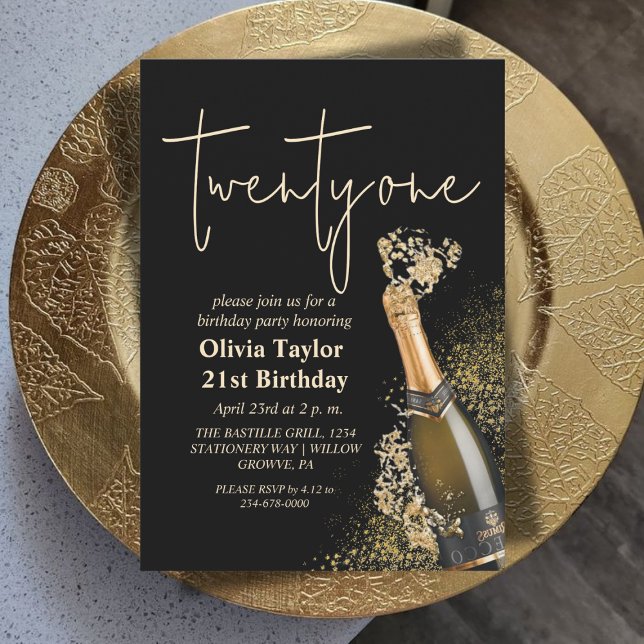 Modern Black and Gold 21st Birthday Champagne Invitation (Creator Uploaded)