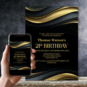 Modern Black and Gold 21st Birthday Party Invitation