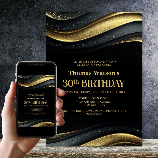 Modern Black and Gold 30th Birthday Party Invitation (Creator Uploaded)