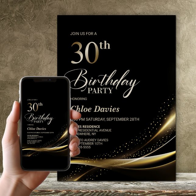 Modern Black and Gold 30th Birthday Party Invitation (Creator Uploaded)