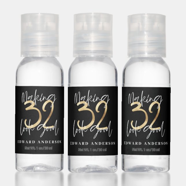 Modern black and gold 32nd birthday celebration hand sanitizer (Set)