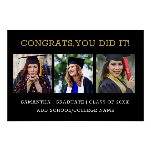 Modern Black And Gold  3 Photo Collage Graduation Poster