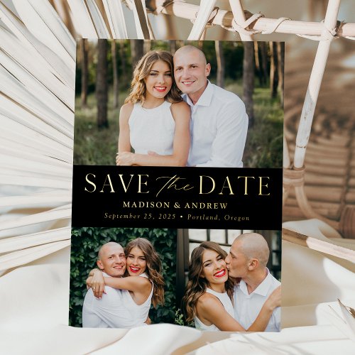 Modern Black and Gold 3 Photo Save the Date Foil Invitation