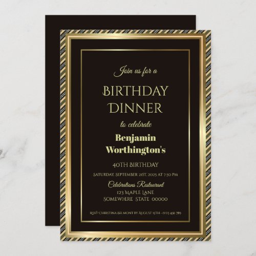 Modern Black and Gold 40th Birthday Dinner Invitation