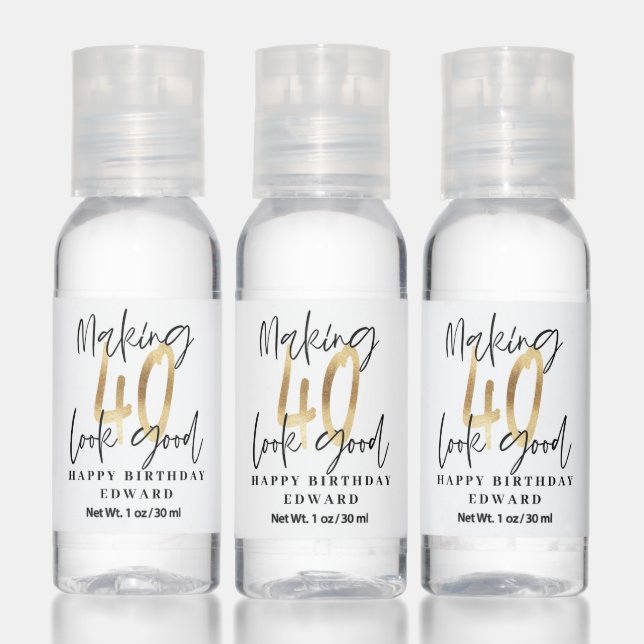 Modern black and gold 40th birthday party hand sanitizer (Set)