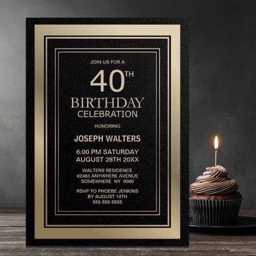 Modern Black and Gold 40th Birthday Party Invitation