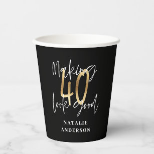 modern black and gold 40th birthday party  paper cups