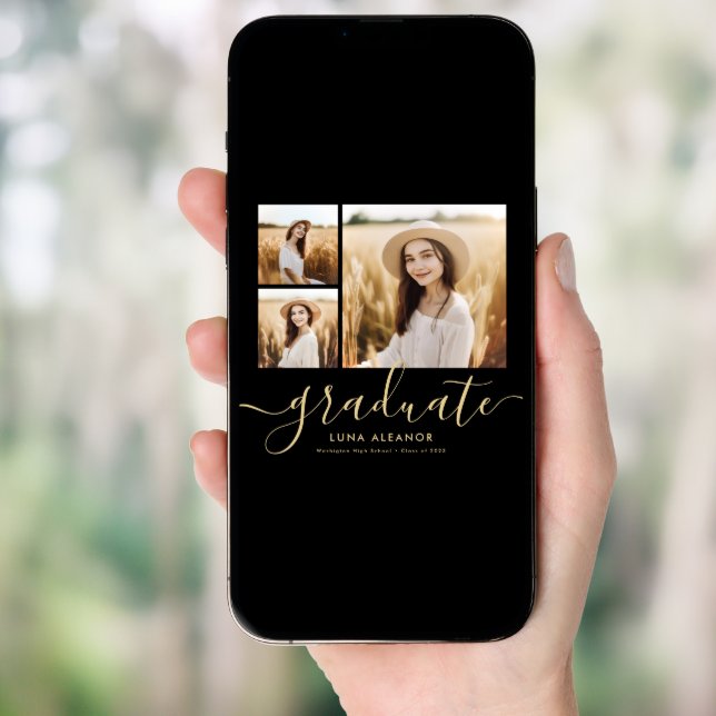 Modern Black and Gold 4 Photo Graduation Party Invitation (Front Digital)