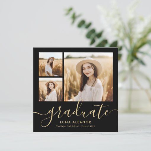 Modern Black and Gold 4 Photo Graduation Party Invitation | Zazzle