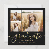 Modern Black and Gold 4 Photo Graduation Party Invitation (Front)