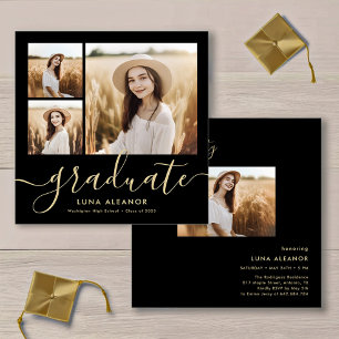 Modern Black and Gold 4 Photo Graduation Party Invitation