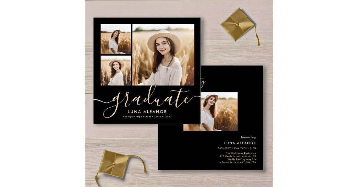 Modern Black and Gold 4 Photo Graduation Party Invitation | Zazzle