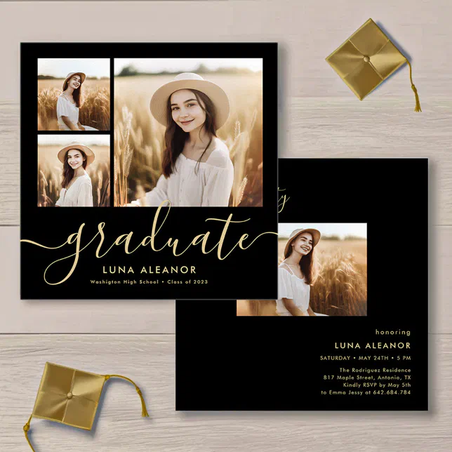Modern Black and Gold 4 Photo Graduation Party Invitation | Zazzle