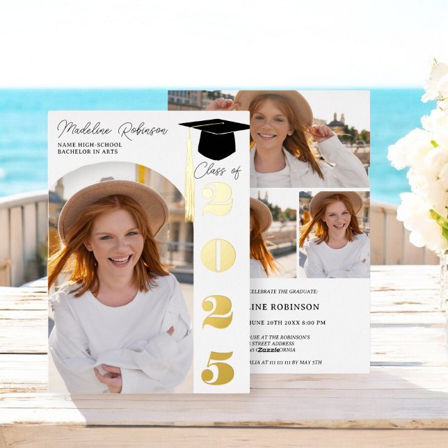 Modern black and gold 4 photos Graduation Foil Invitation (Modern black and gold 4 photos Graduation Foil Invitation)