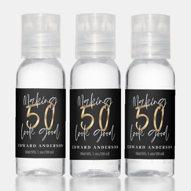 Modern black and gold 50th birthday celebration hand sanitizer (Set)