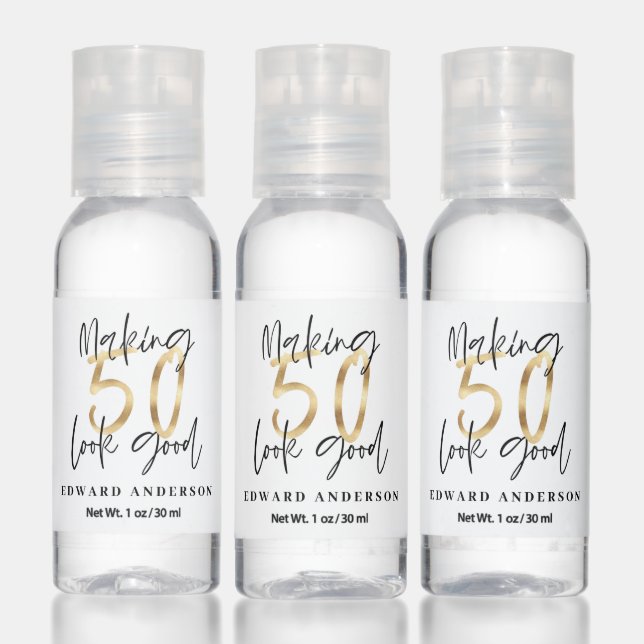 Modern black and gold 50th birthday celebration hand sanitizer (Set)