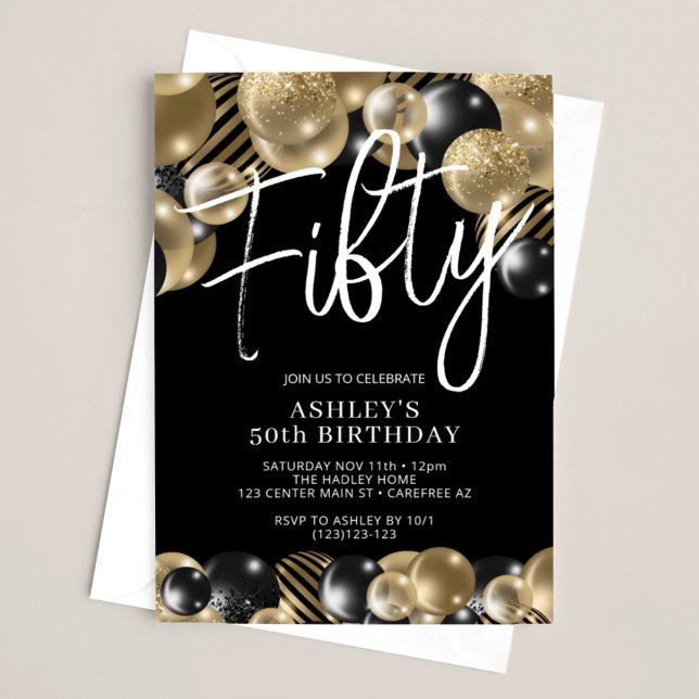 Modern Black and Gold 50th Birthday Invitation (Creator Uploaded)