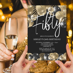 Modern Black and Gold 50th Birthday Invitation