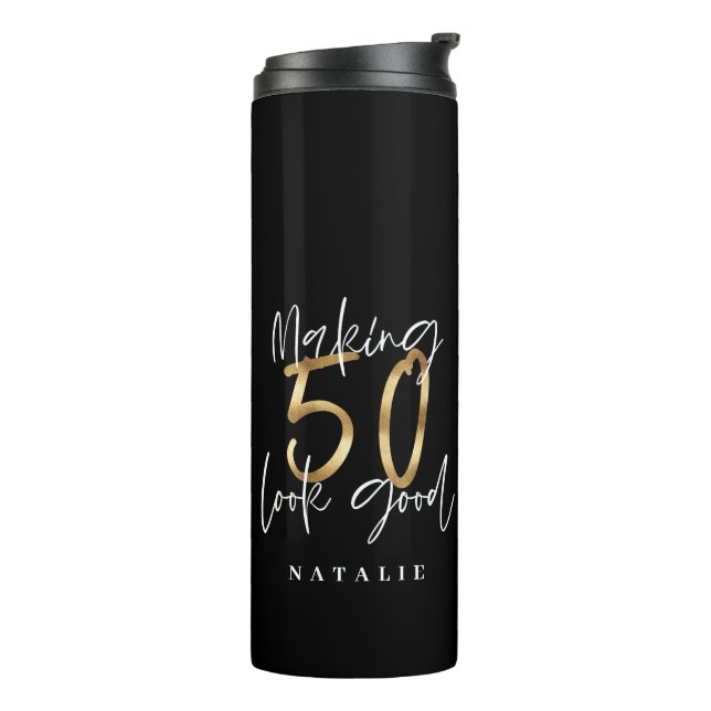 Modern black and gold 50th birthday stylish thermal tumbler (Rotated Left)