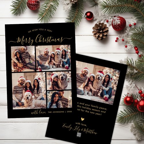 Modern Black and Gold 5 Photo Collage Christmas  Holiday Card